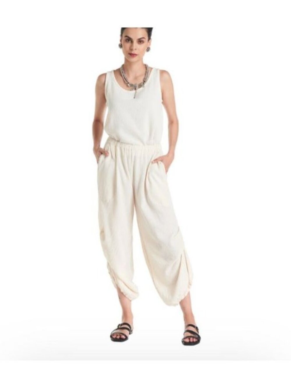 Oh My Gauze Dash Pants Sz 2 (L/XL) Harem Cropped Rouched Sides Pull On Cotton